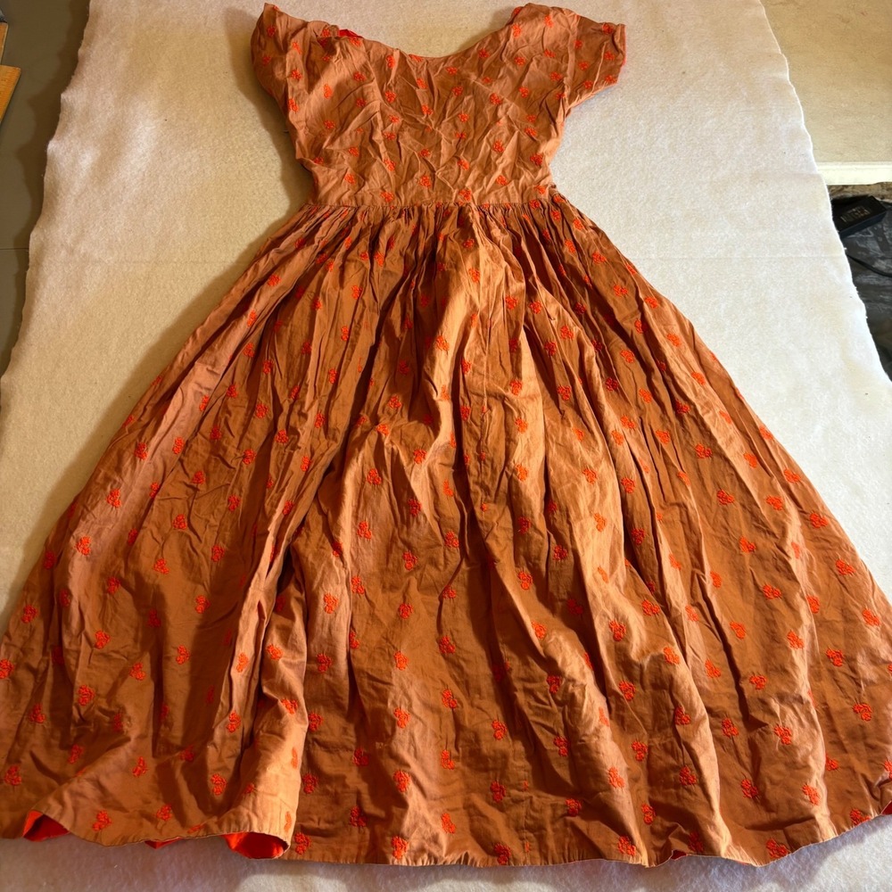 VTG Jonathan Logan Brown Orange Floral Embroidered Corset Tie Maxi Dress‎ XS 50s - Picture 9 of 11